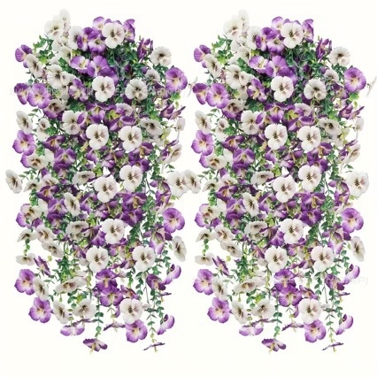Decor cu viță de eucalipt și pansy, montat pe perete, pentru exterior, flori artificiale
