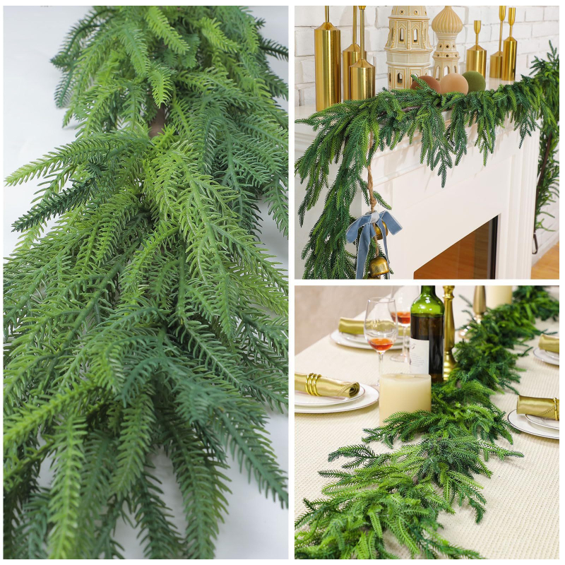 Венец за врата от иглички Norfolk pine, ратанова украса и изкуствени зелени листа, мек PVC