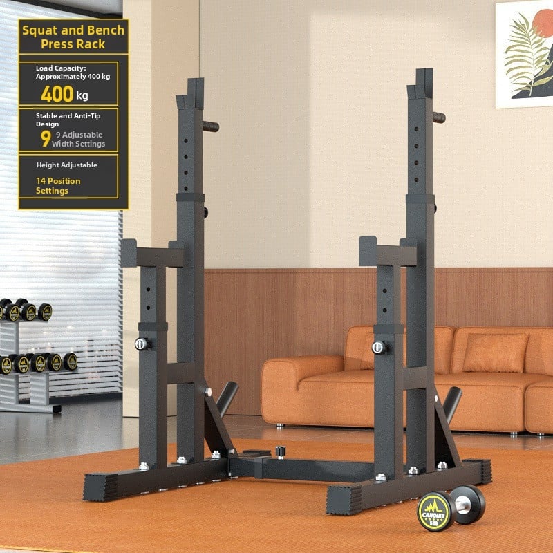 Profesionálny rozdelený stojan na drepy so stojanom na tyč a lavičkou na bench press, nastaviteľné fitness zariadenie na zdvíhanie s integrovanou lavicou