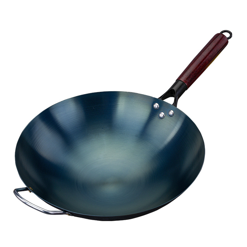 Wok din fier albastru, fund rotund, neacoperit, compatibil cu aragaz pe gaz, pentru uz casnic și comercial