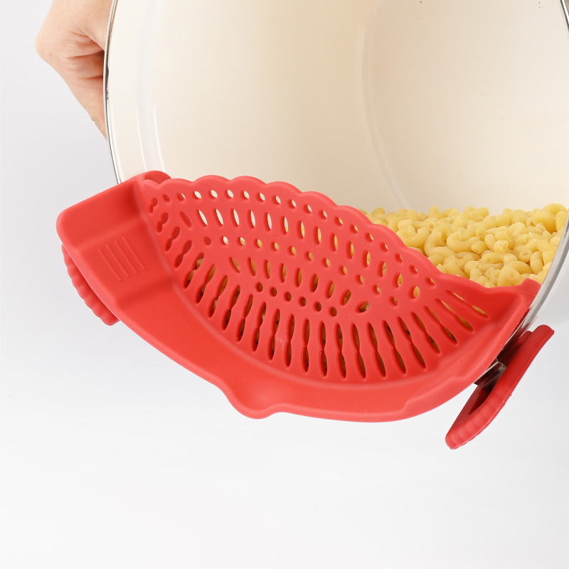 Scurgător pentru oală din silicon și oțel inoxidabil, cu clemă și protecție la margine – filtru pentru fructe și legume, etanș la scurgeri