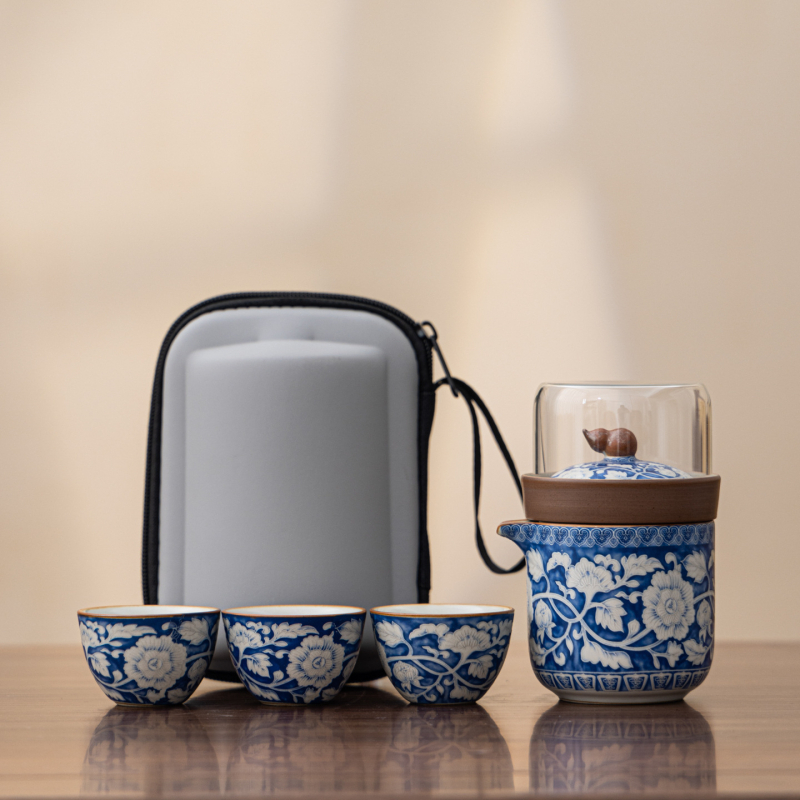Σετ Gongfu τσαγιού για ταξίδι με τσαγιέρα που διαχωρίζει το τσάι από το νερό, φορητό σετ, κούπα γρήγορης έγχυσης, μπλε Ru Kiln, ελαφριά πολυτέλεια