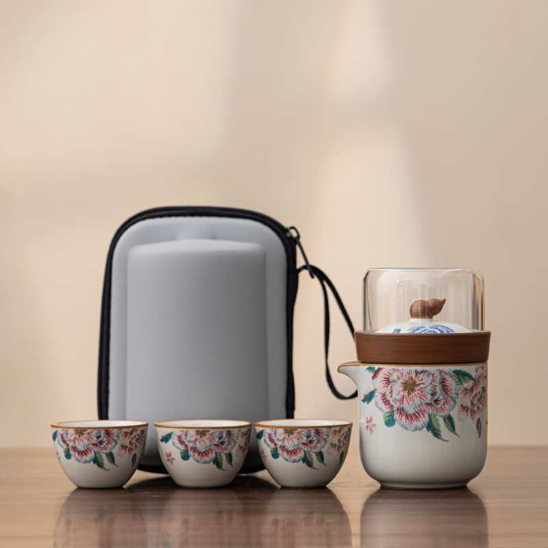 Σετ Gongfu τσαγιού για ταξίδι με τσαγιέρα που διαχωρίζει το τσάι από το νερό, φορητό σετ, κούπα γρήγορης έγχυσης, μπλε Ru Kiln, ελαφριά πολυτέλεια