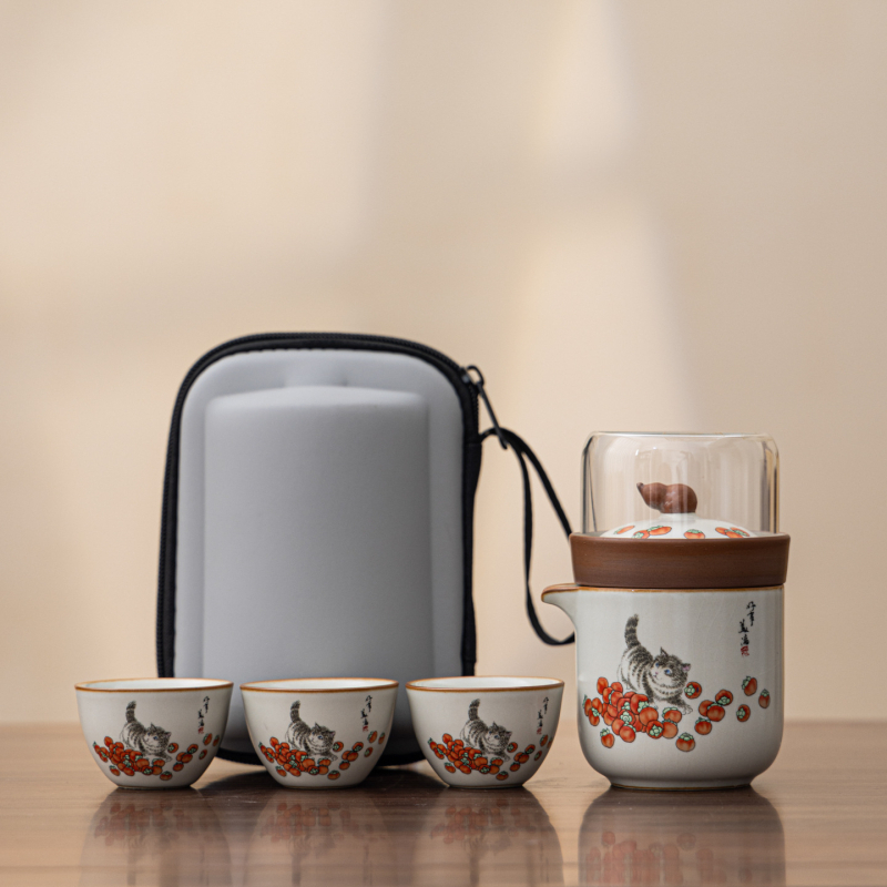Σετ Gongfu τσαγιού για ταξίδι με τσαγιέρα που διαχωρίζει το τσάι από το νερό, φορητό σετ, κούπα γρήγορης έγχυσης, μπλε Ru Kiln, ελαφριά πολυτέλεια