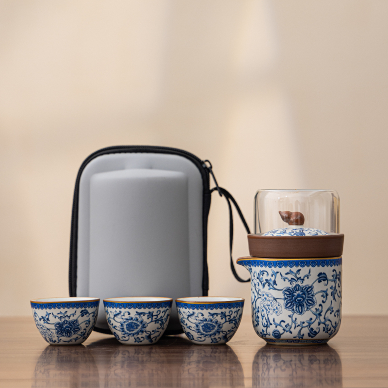 Σετ Gongfu τσαγιού για ταξίδι με τσαγιέρα που διαχωρίζει το τσάι από το νερό, φορητό σετ, κούπα γρήγορης έγχυσης, μπλε Ru Kiln, ελαφριά πολυτέλεια