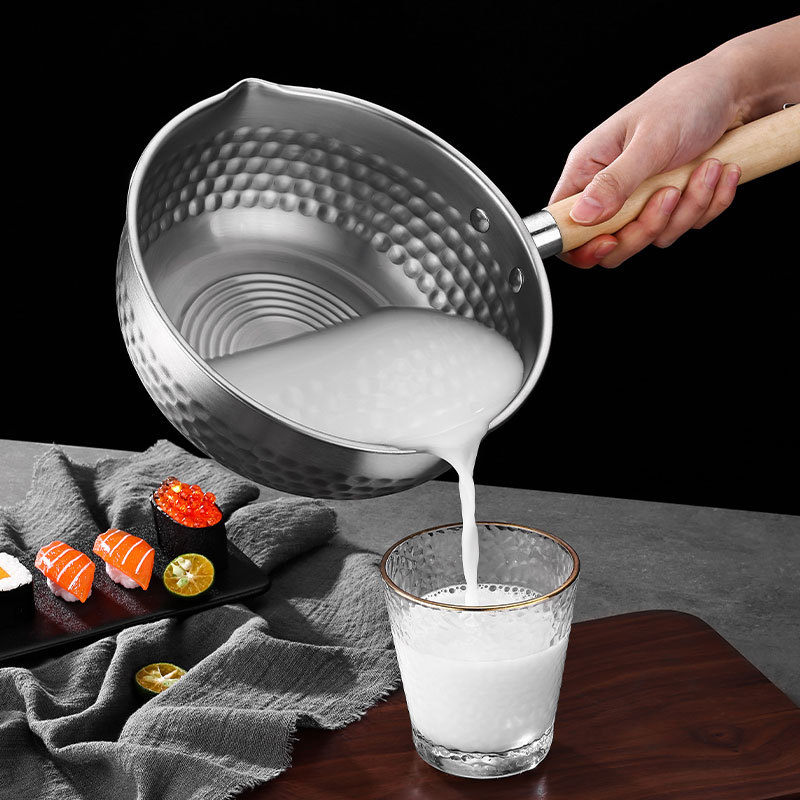 Baosheng oală din oțel inoxidabil, stil japonez, textură ciocănită, oală pentru lapte și supă, compatibilă cu inducția, capacitate 1.1–2 L