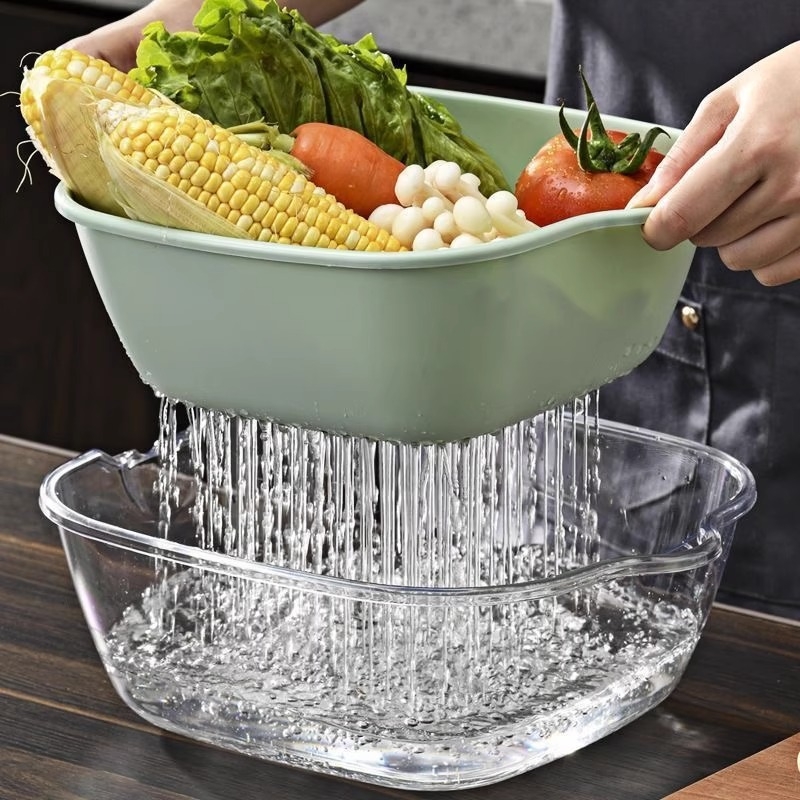 Coș dublu transparent pentru spălat legume și fructe, coș de bucătărie pentru legume, tavă pentru fructe, cu funcție de spălat și filtrare a apei.