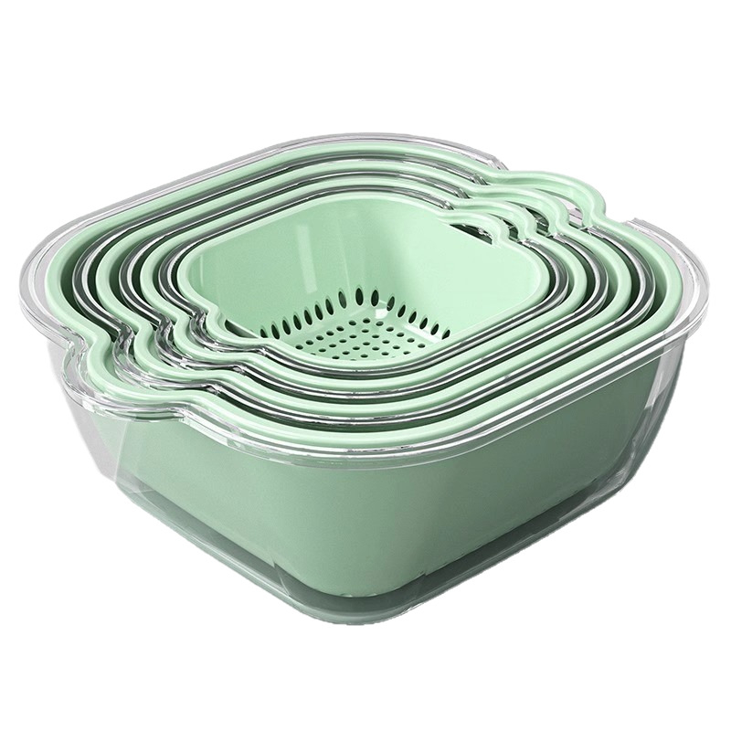 Coș dublu transparent pentru spălat legume și fructe, coș de bucătărie pentru legume, tavă pentru fructe, cu funcție de spălat și filtrare a apei.