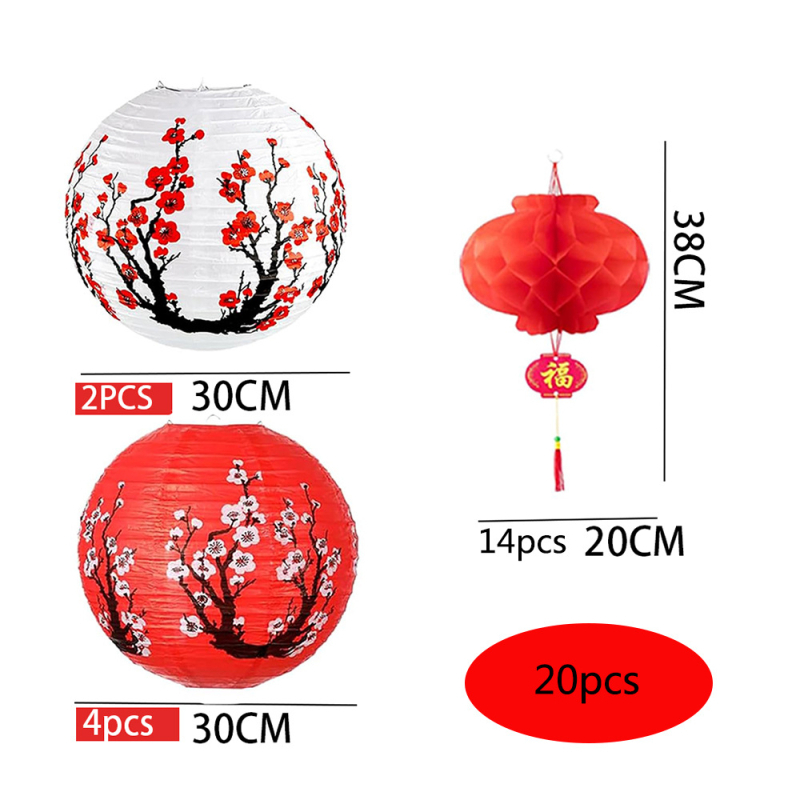 Set de felinare din hârtie pentru Anul Nou și Festivalul Primăverii, felinare din plastic cu fagure de hârtie, roșii pentru decor festiv de atârnat