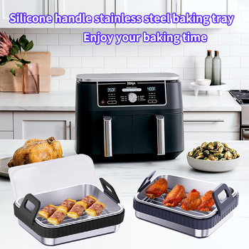 Tavă din oțel inoxidabil cu mâner din silicon pentru air fryer, protecție anti-arsuri — set de accesorii pentru grill