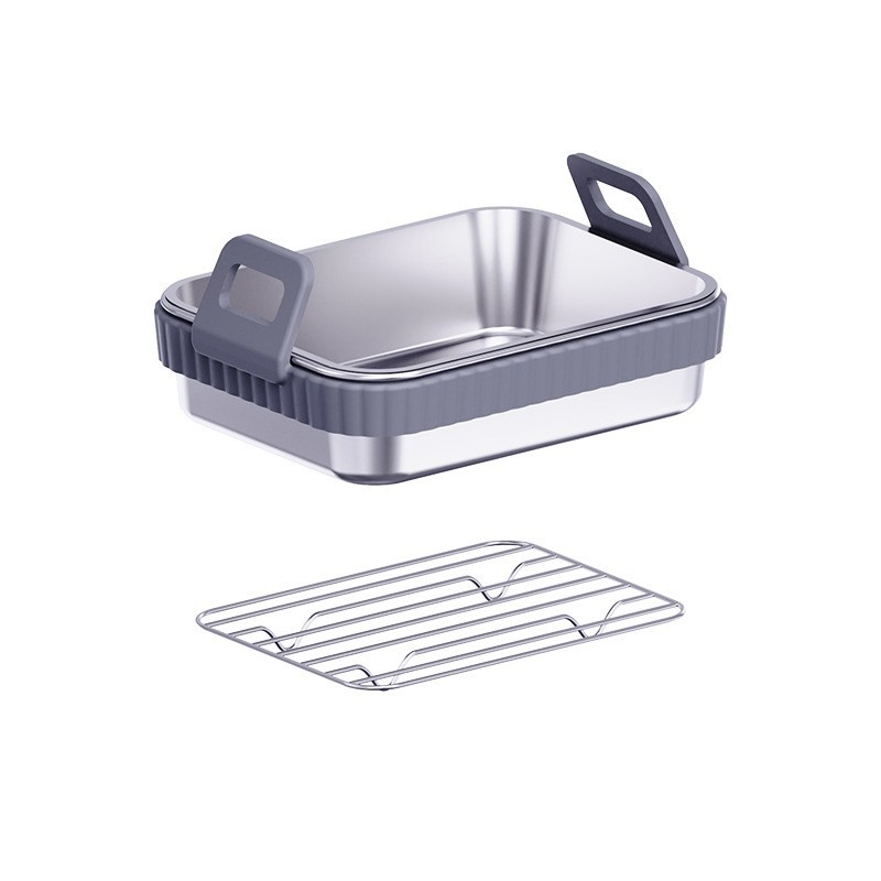 Tavă din oțel inoxidabil cu mâner din silicon pentru air fryer, protecție anti-arsuri — set de accesorii pentru grill