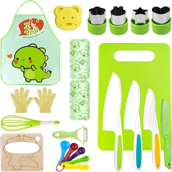 Set de 19 piese pentru bucătărie: tacâm plastic, accesorii pentru pregătirea hranei bebelușilor, plăci de tăiere pentru copii, spatulă pentru tort și accesorii de coacere
