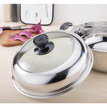Manulife Capac wok din oțel inoxidabil îngroșat, cu sticlă transparentă, design arcuit, universal 26–40 cm