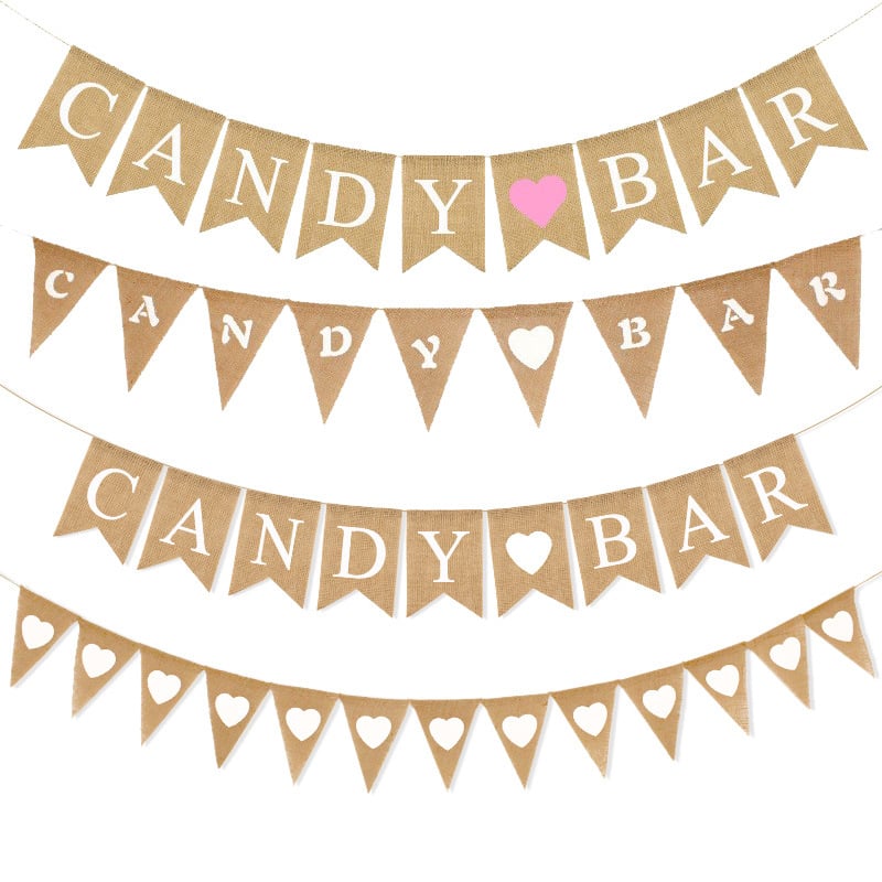 Banner decorativ de nuntă pentru Candy Bar, cu stegulețe triunghiulare din in și ghirlandă cu inimioare