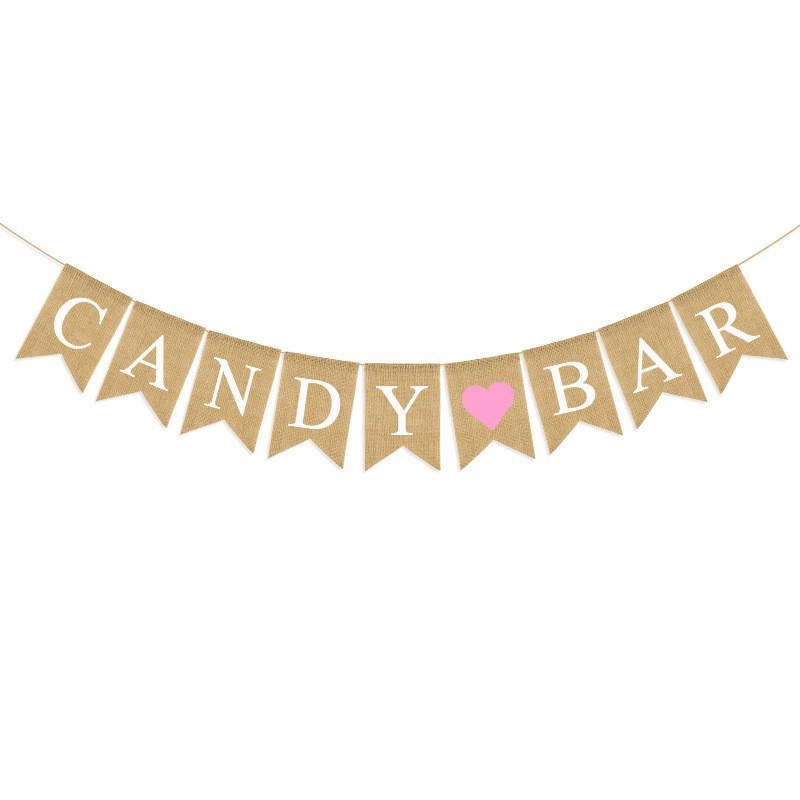 Banner decorativ de nuntă pentru Candy Bar, cu stegulețe triunghiulare din in și ghirlandă cu inimioare