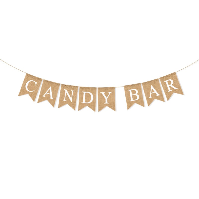 Banner decorativ de nuntă pentru Candy Bar, cu stegulețe triunghiulare din in și ghirlandă cu inimioare
