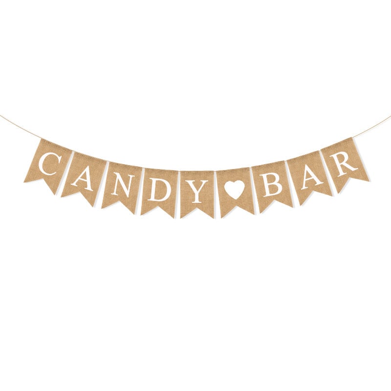 Banner decorativ de nuntă pentru Candy Bar, cu stegulețe triunghiulare din in și ghirlandă cu inimioare