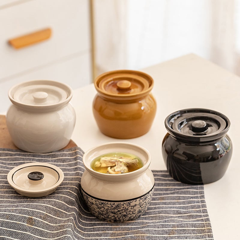 Oală ceramică de porțelan pentru o porție, cu capac, pentru ouă la abur și gătire în bain-marie
