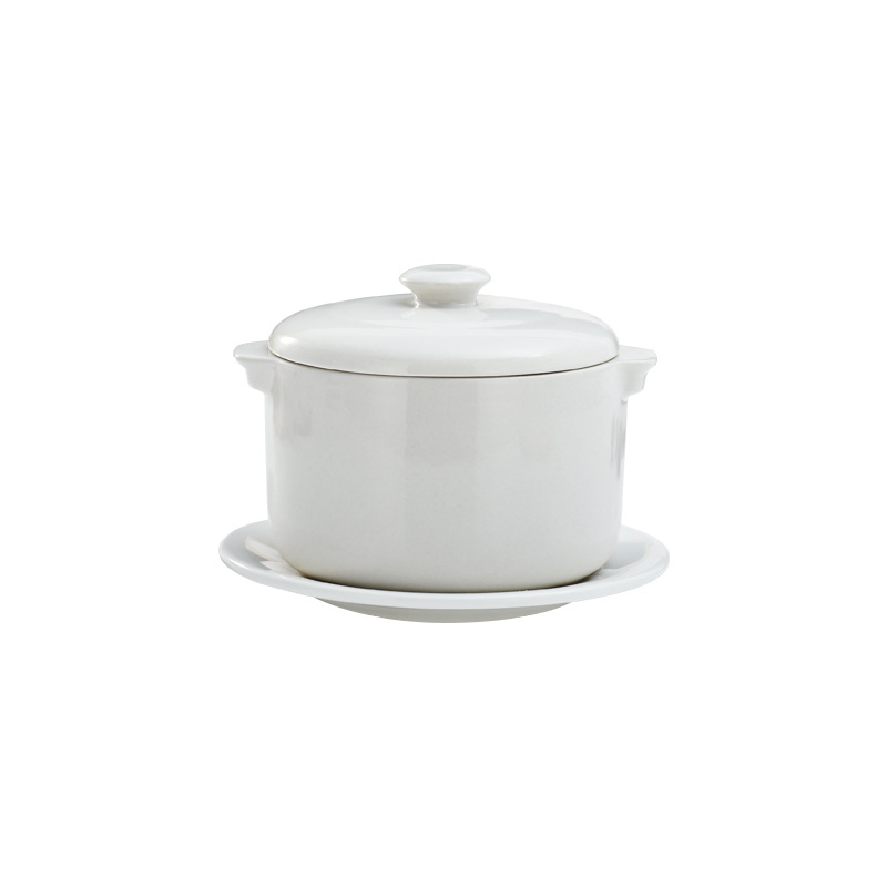 Vas ceramic cu mâner dublu și capac, pentru gătit în baie de apă; oală mică de supă, potrivită pentru cuib de păsări și ouă la abur.