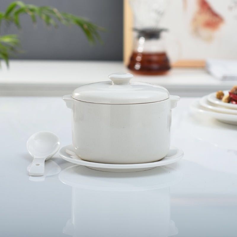 Vas ceramic cu mâner dublu și capac, pentru gătit în baie de apă; oală mică de supă, potrivită pentru cuib de păsări și ouă la abur.