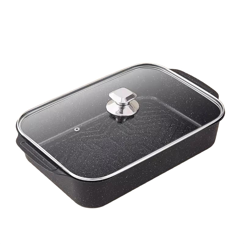 Tigaie-grill pentru pește cu două mâneri, din fontă cu piatră Maifan, pentru camping în aer liber și grătar acasă, compatibilă cu plita cu inducție
