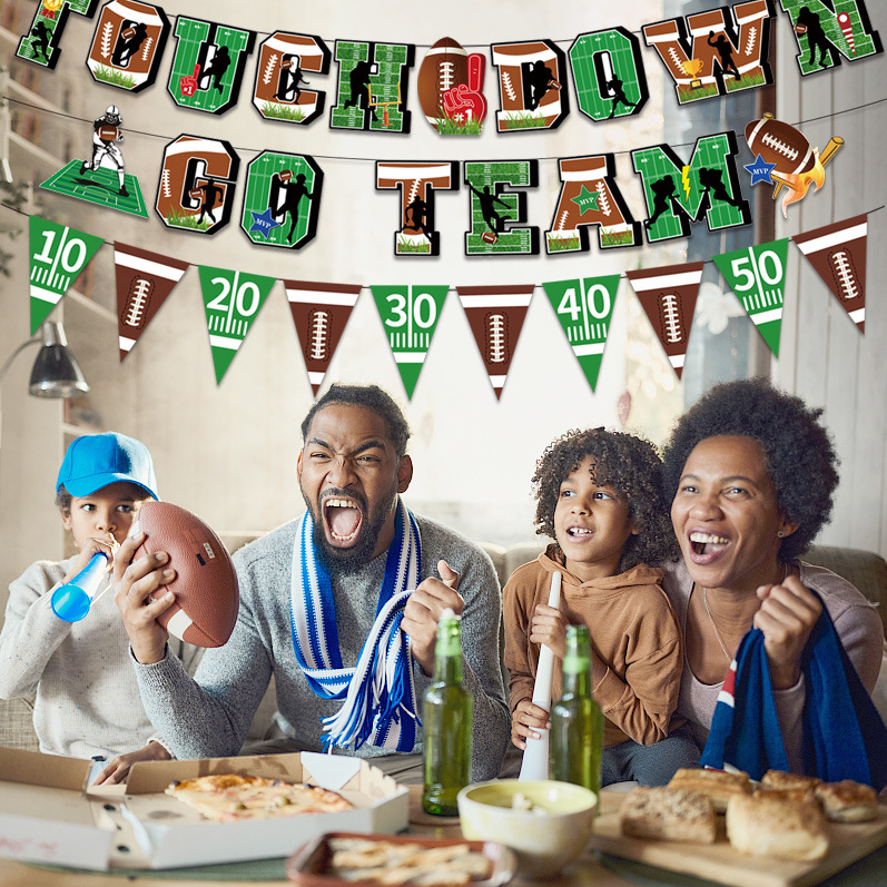 Set nou de decorațiuni pentru petrecere cu tema Super Bowl și rugby: steaguri cu litere, banner și steaguri triunghiulare pentru decorul scenei
