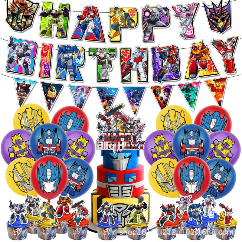 Set de decorațiuni pentru petrecere cu temă Transformers: banner, stegulețe, ornamente pentru tort și baloane