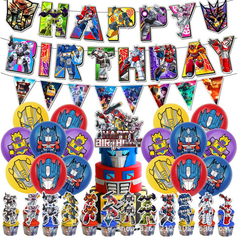 Set de decorațiuni pentru petrecere cu temă Transformers: banner, stegulețe, ornamente pentru tort și baloane