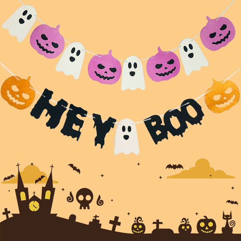 Banner de Halloween pentru petrecere, cu steaguri cu litere: vrăjitoare, fantome și dovleci