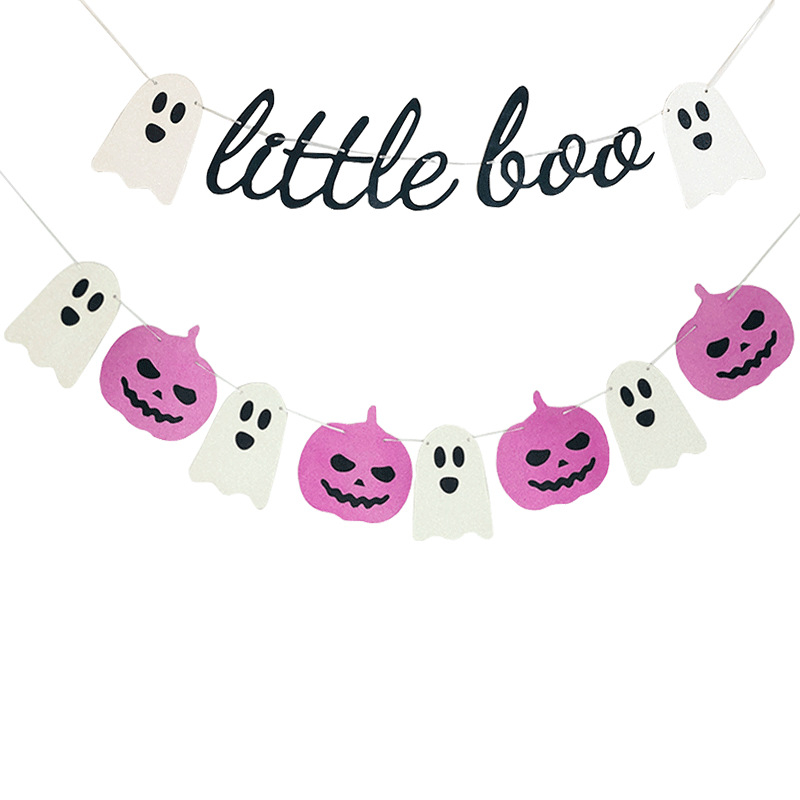 Banner de Halloween pentru petrecere, cu steaguri cu litere: vrăjitoare, fantome și dovleci