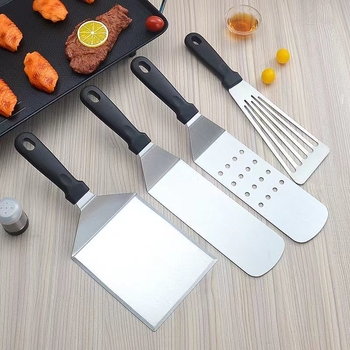 Spatulă teppanyaki din oțel inox cu mâner din cauciuc — pentru clătite, prăjituri și cotlete, stil japonez