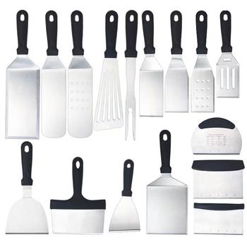 Spatulă teppanyaki din oțel inox cu mâner din cauciuc — pentru clătite, prăjituri și cotlete, stil japonez