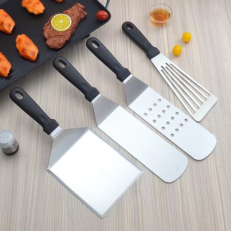 Spatulă teppanyaki din oțel inox cu mâner din cauciuc — pentru clătite, prăjituri și cotlete, stil japonez