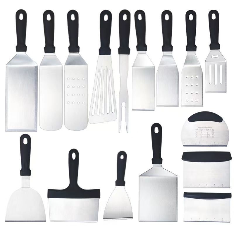 Spatulă teppanyaki din oțel inox cu mâner din cauciuc — pentru clătite, prăjituri și cotlete, stil japonez