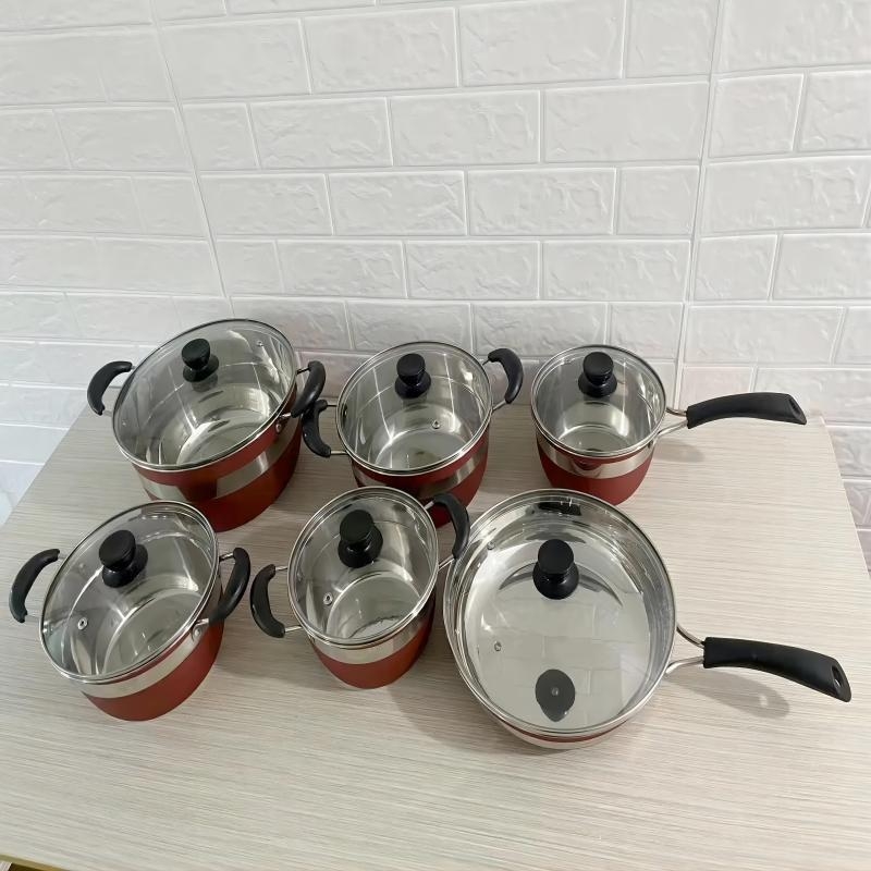 Set de vase din oțel inoxidabil, 12 piese, cu fund triplu, incluzând oală de supă, oală pentru lapte și tigaie de prăjit