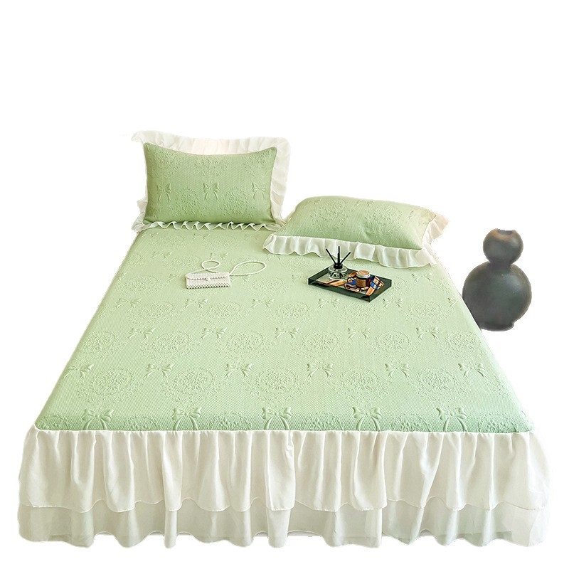 Covor răcire Jacquard – set de 3 piese cu fustă pentru pat, lavabil, pliabil, pentru cămin cu pat single
