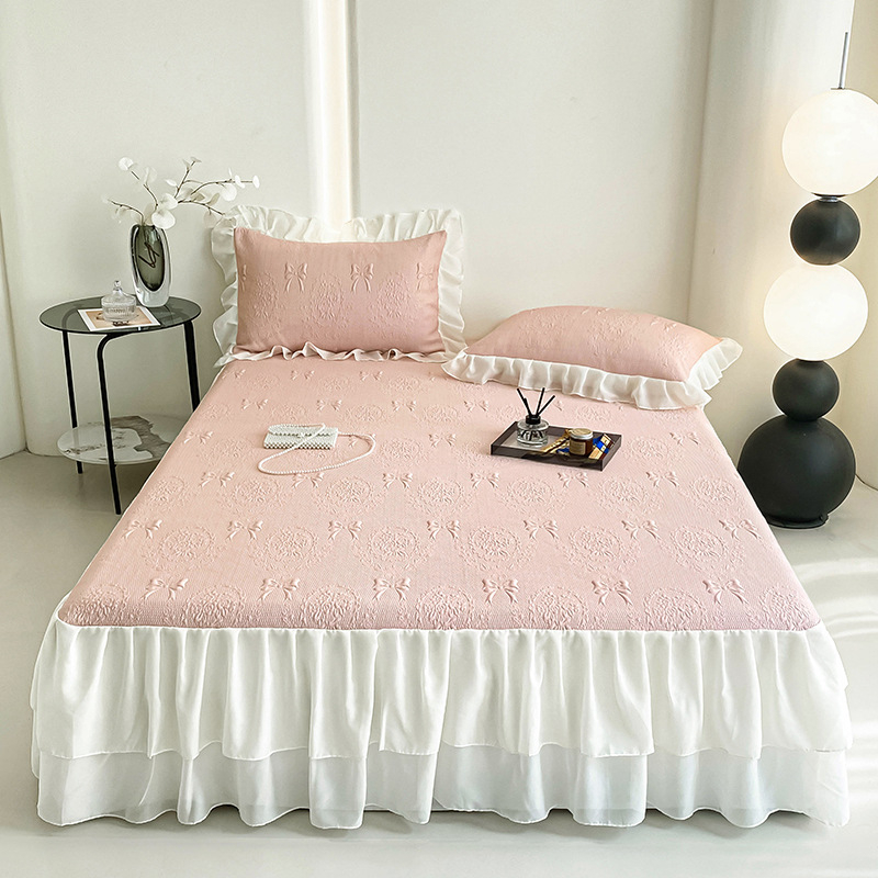 Covor răcire Jacquard – set de 3 piese cu fustă pentru pat, lavabil, pliabil, pentru cămin cu pat single