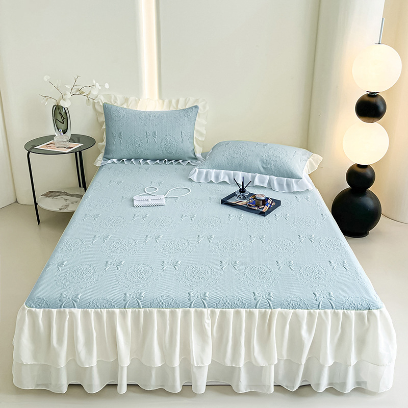 Covor răcire Jacquard – set de 3 piese cu fustă pentru pat, lavabil, pliabil, pentru cămin cu pat single