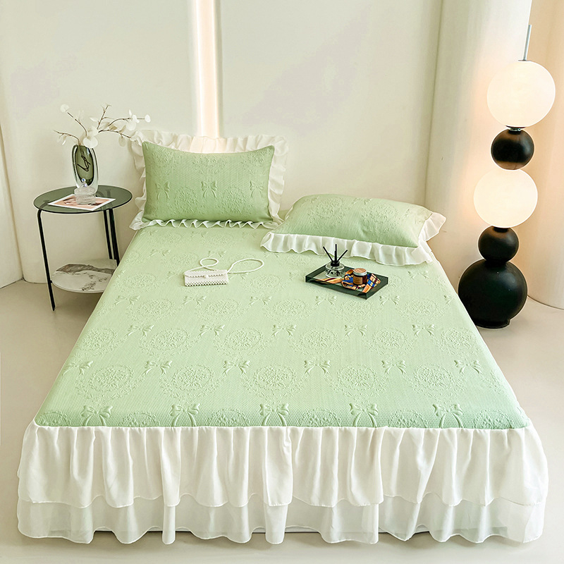 Covor răcire Jacquard – set de 3 piese cu fustă pentru pat, lavabil, pliabil, pentru cămin cu pat single
