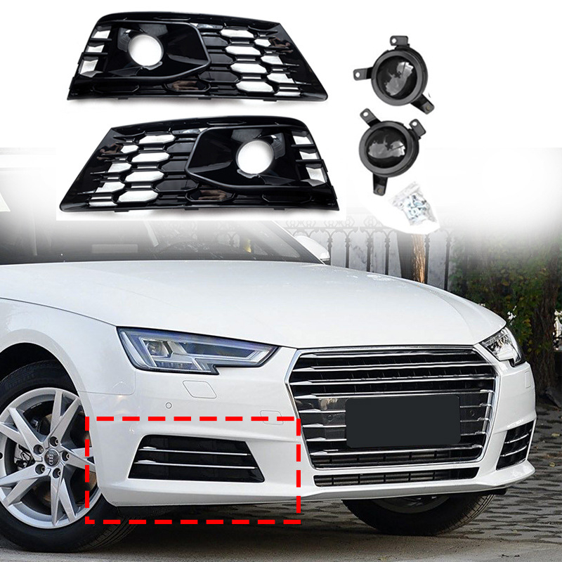 Audi A4 fényszóró rács méhsejt mintázattal, fényes fekete kivitel, fényszórófedél és légbeömlő rács, alkatrész száma 8W0807681