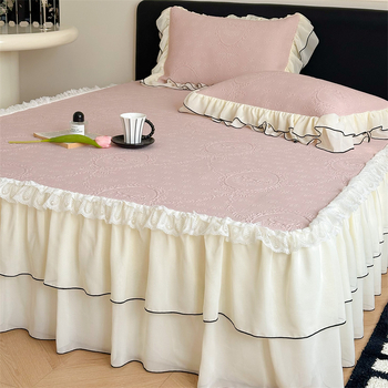 Set de 3 piese pentru pat în stil Prințesă Franceză, cu model wafl din ice-silk, cu faldă pentru pat, vară, lavabil la mașină, covorașe moi răcoroase