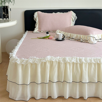Set de 3 piese pentru pat în stil Prințesă Franceză, cu model wafl din ice-silk, cu faldă pentru pat, vară, lavabil la mașină, covorașe moi răcoroase