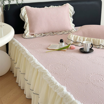 Set de 3 piese pentru pat în stil Prințesă Franceză, cu model wafl din ice-silk, cu faldă pentru pat, vară, lavabil la mașină, covorașe moi răcoroase