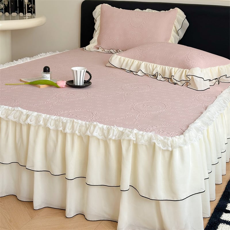 Set de 3 piese pentru pat în stil Prințesă Franceză, cu model wafl din ice-silk, cu faldă pentru pat, vară, lavabil la mașină, covorașe moi răcoroase