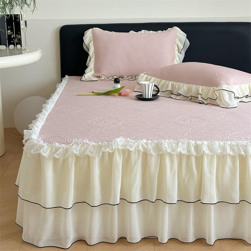 Set de 3 piese pentru pat în stil Prințesă Franceză, cu model wafl din ice-silk, cu faldă pentru pat, vară, lavabil la mașină, covorașe moi răcoroase