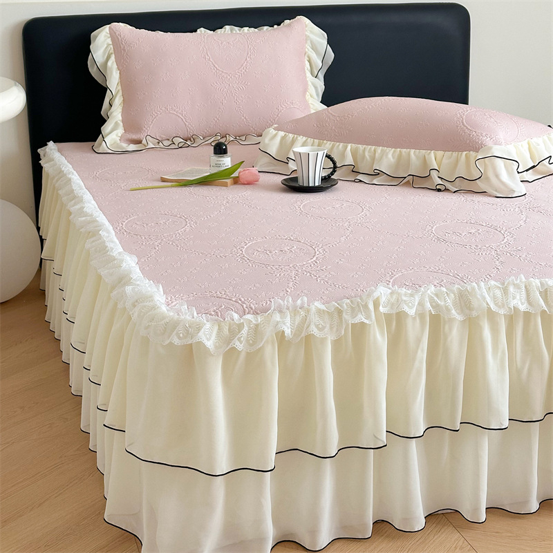 Set de 3 piese pentru pat în stil Prințesă Franceză, cu model wafl din ice-silk, cu faldă pentru pat, vară, lavabil la mașină, covorașe moi răcoroase