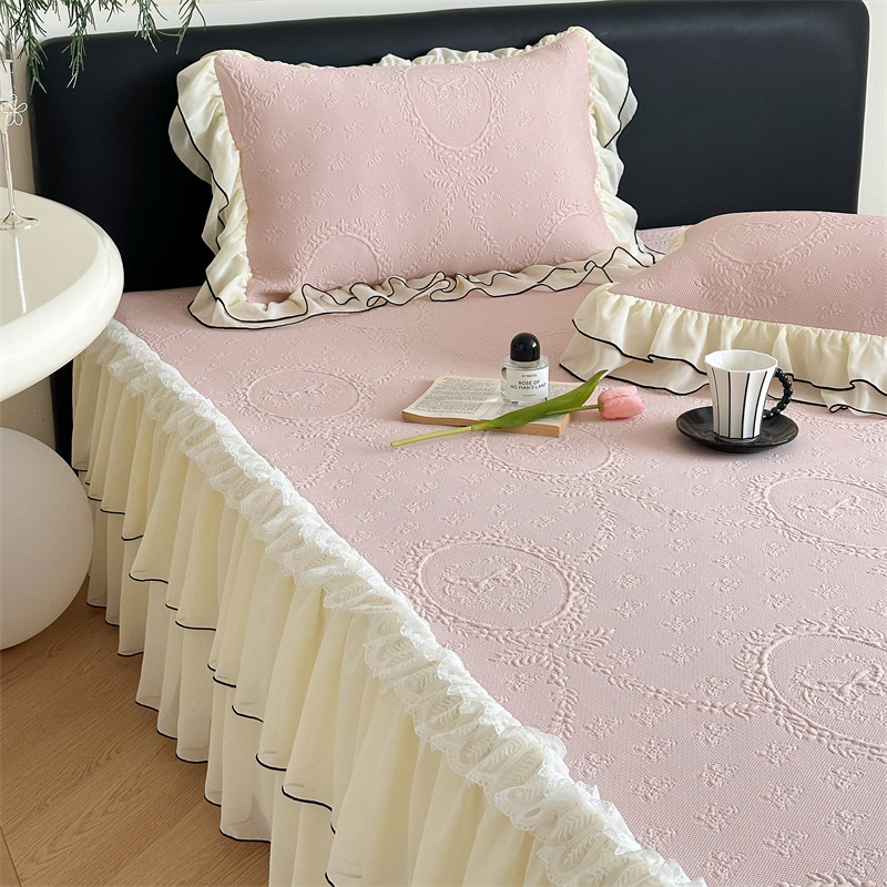 Set de 3 piese pentru pat în stil Prințesă Franceză, cu model wafl din ice-silk, cu faldă pentru pat, vară, lavabil la mașină, covorașe moi răcoroase