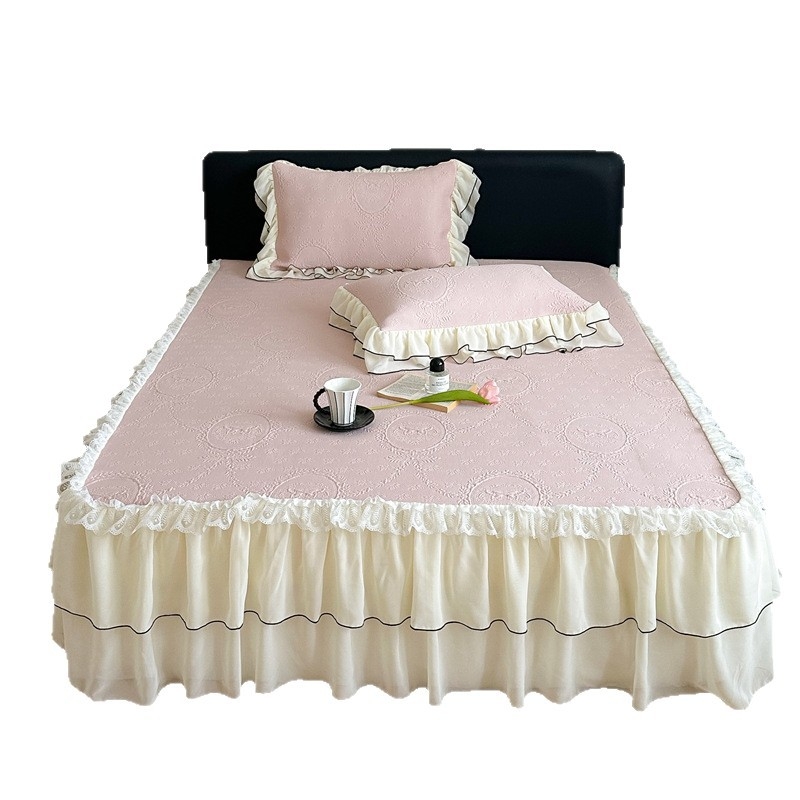 Set de 3 piese pentru pat în stil Prințesă Franceză, cu model wafl din ice-silk, cu faldă pentru pat, vară, lavabil la mașină, covorașe moi răcoroase