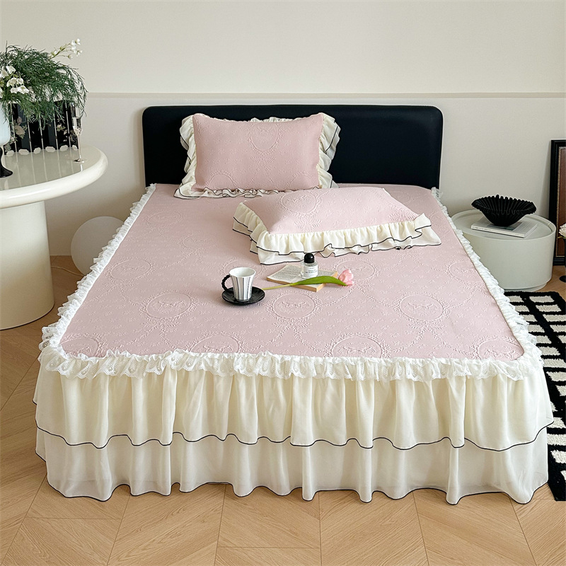 Set de 3 piese pentru pat în stil Prințesă Franceză, cu model wafl din ice-silk, cu faldă pentru pat, vară, lavabil la mașină, covorașe moi răcoroase