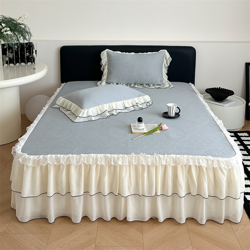 Set de 3 piese pentru pat în stil Prințesă Franceză, cu model wafl din ice-silk, cu faldă pentru pat, vară, lavabil la mașină, covorașe moi răcoroase